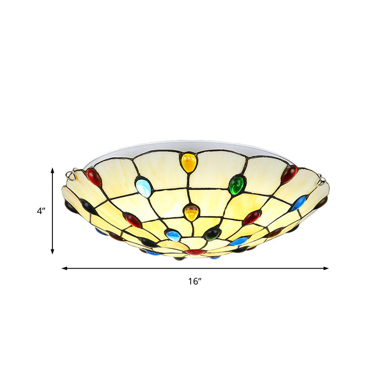 Beige/Yellow Bowl Flush Mount Light Rustic Loft Stained Glass 12