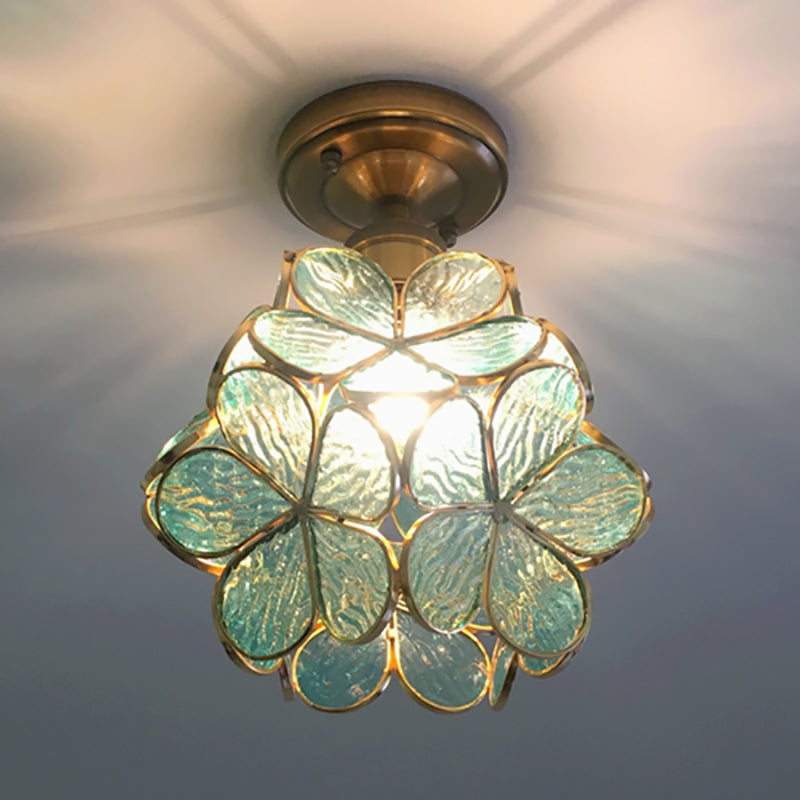 1 Light Pink/Blue/Green/Clear Floral Ceiling Light Fixture Retro Style Stained Glass Flushmount Light for Hallway Green Clearhalo 'Ceiling Lights' 'Close To Ceiling Lights' 'Close to ceiling' 'Glass shade' 'Glass' 'Semi-flushmount' 'Tiffany close to ceiling' 'Tiffany' Lighting' 180922