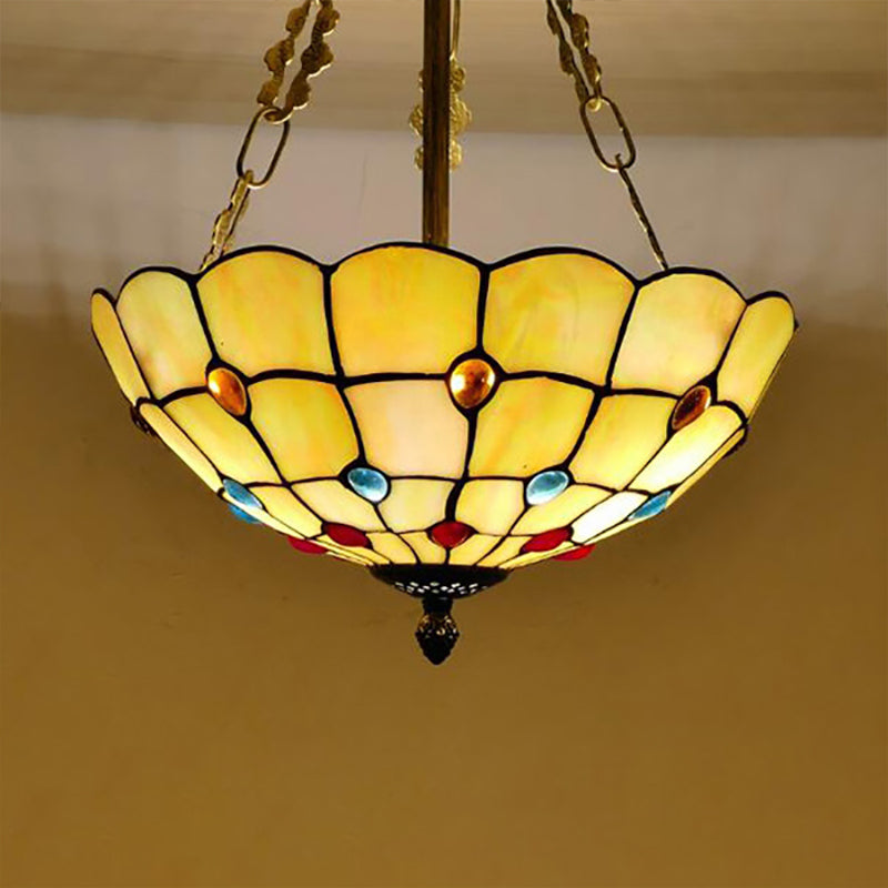 Yellow/Beige Bowl Ceiling Light Retro Style Stained Glass 12