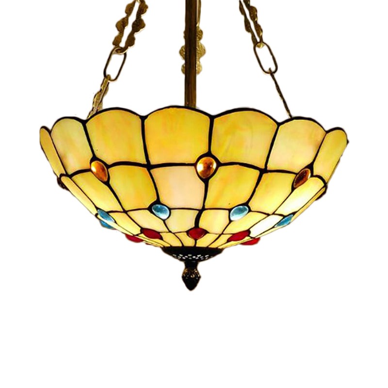 Yellow/Beige Bowl Ceiling Light Retro Style Stained Glass 12