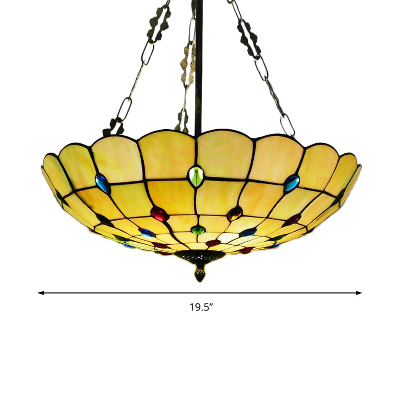 Yellow/Beige Bowl Ceiling Light Retro Style Stained Glass 12