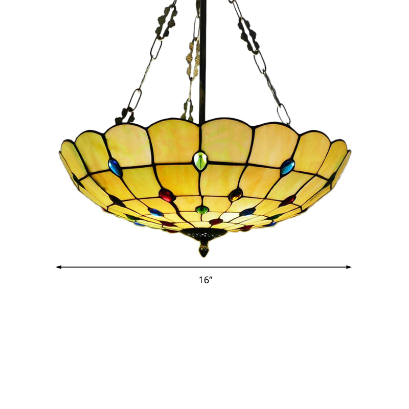 Yellow/Beige Bowl Ceiling Light Retro Style Stained Glass 12