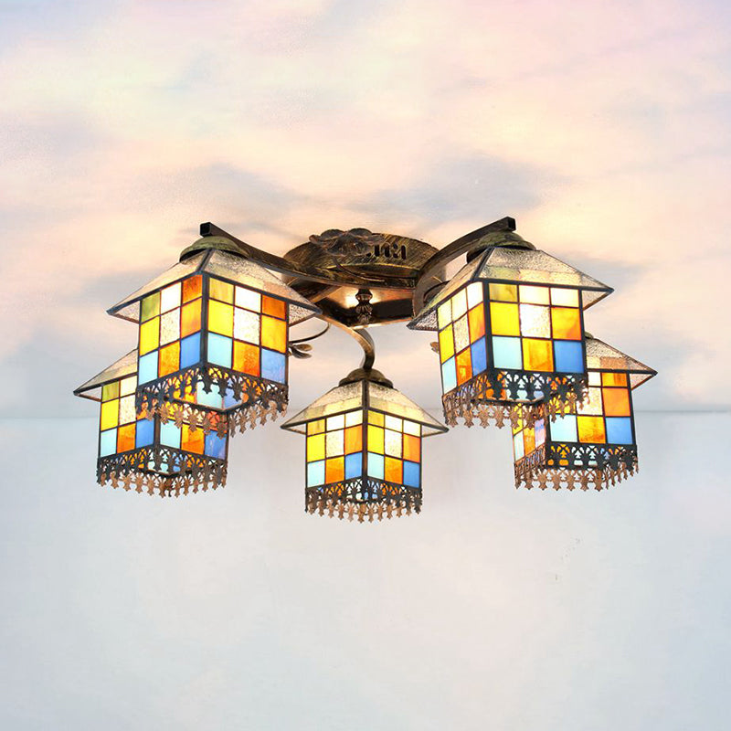 5 Lights House Semi Flushmount Lodge Glass Shade Semi Flush Ceiling Light in Antique Bronze Clearhalo 'Ceiling Lights' 'Close To Ceiling Lights' 'Close to ceiling' 'Glass shade' 'Glass' 'Pendant Lights' 'Semi-flushmount' 'Tiffany close to ceiling' 'Tiffany' Lighting' 181033