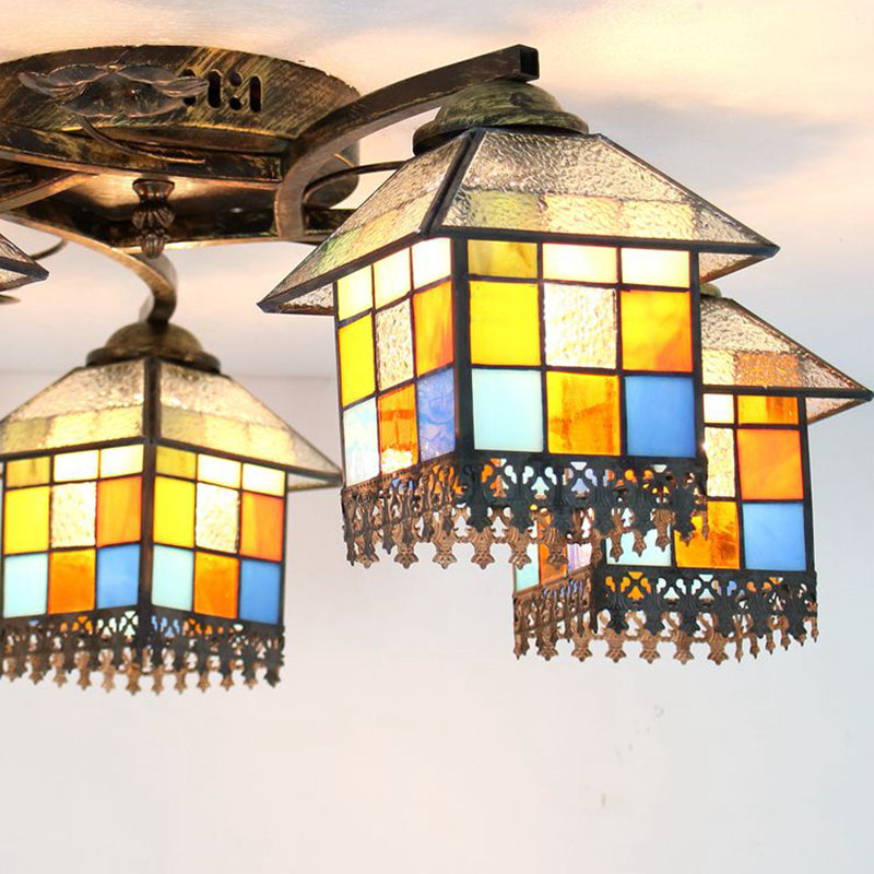 5 Lights House Semi Flushmount Lodge Glass Shade Semi Flush Ceiling Light in Antique Bronze Clearhalo 'Ceiling Lights' 'Close To Ceiling Lights' 'Close to ceiling' 'Glass shade' 'Glass' 'Pendant Lights' 'Semi-flushmount' 'Tiffany close to ceiling' 'Tiffany' Lighting' 181036