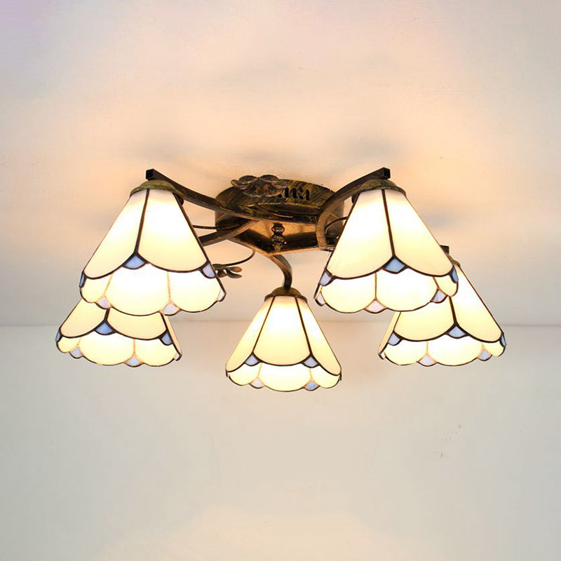 Loft Cone Semi Flush Mount Light White Glass 5 Lights Semi Flush Light in Antique Bronze Finish for Bedroom White Clearhalo 'Ceiling Lights' 'Chandeliers' 'Close To Ceiling Lights' 'Close to ceiling' 'Glass shade' 'Glass' 'Semi-flushmount' 'Tiffany close to ceiling' 'Tiffany' Lighting' 181037