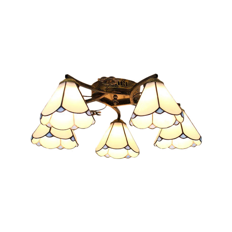 Loft Cone Semi Flush Mount Light White Glass 5 Lights Semi Flush Light in Antique Bronze Finish for Bedroom Clearhalo 'Ceiling Lights' 'Chandeliers' 'Close To Ceiling Lights' 'Close to ceiling' 'Glass shade' 'Glass' 'Semi-flushmount' 'Tiffany close to ceiling' 'Tiffany' Lighting' 181039