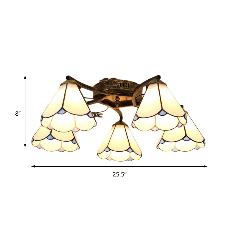 Loft Cone Semi Flush Mount Light White Glass 5 Lights Semi Flush Light in Antique Bronze Finish for Bedroom Clearhalo 'Ceiling Lights' 'Chandeliers' 'Close To Ceiling Lights' 'Close to ceiling' 'Glass shade' 'Glass' 'Semi-flushmount' 'Tiffany close to ceiling' 'Tiffany' Lighting' 181040