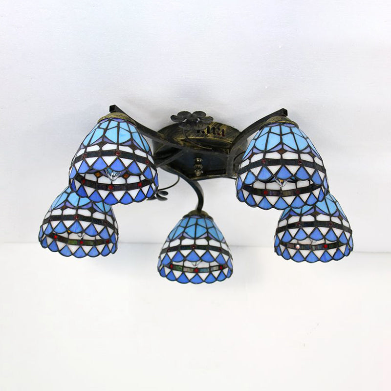 Stained Glass Bowl Ceiling Light 5 Lights Baroque Semi Flush Lighting in Blue for Dining Room Blue Clearhalo 'Ceiling Lights' 'Close To Ceiling Lights' 'Close to ceiling' 'Glass shade' 'Glass' 'Semi-flushmount' 'Tiffany close to ceiling' 'Tiffany' Lighting' 181041