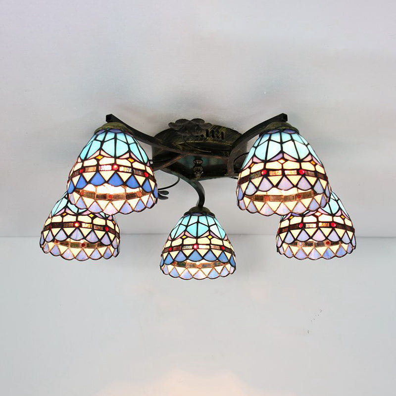 Stained Glass Bowl Ceiling Light 5 Lights Baroque Semi Flush Lighting in Blue for Dining Room Clearhalo 'Ceiling Lights' 'Close To Ceiling Lights' 'Close to ceiling' 'Glass shade' 'Glass' 'Semi-flushmount' 'Tiffany close to ceiling' 'Tiffany' Lighting' 181042