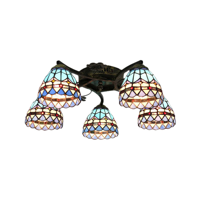 Stained Glass Bowl Ceiling Light 5 Lights Baroque Semi Flush Lighting in Blue for Dining Room Clearhalo 'Ceiling Lights' 'Close To Ceiling Lights' 'Close to ceiling' 'Glass shade' 'Glass' 'Semi-flushmount' 'Tiffany close to ceiling' 'Tiffany' Lighting' 181043