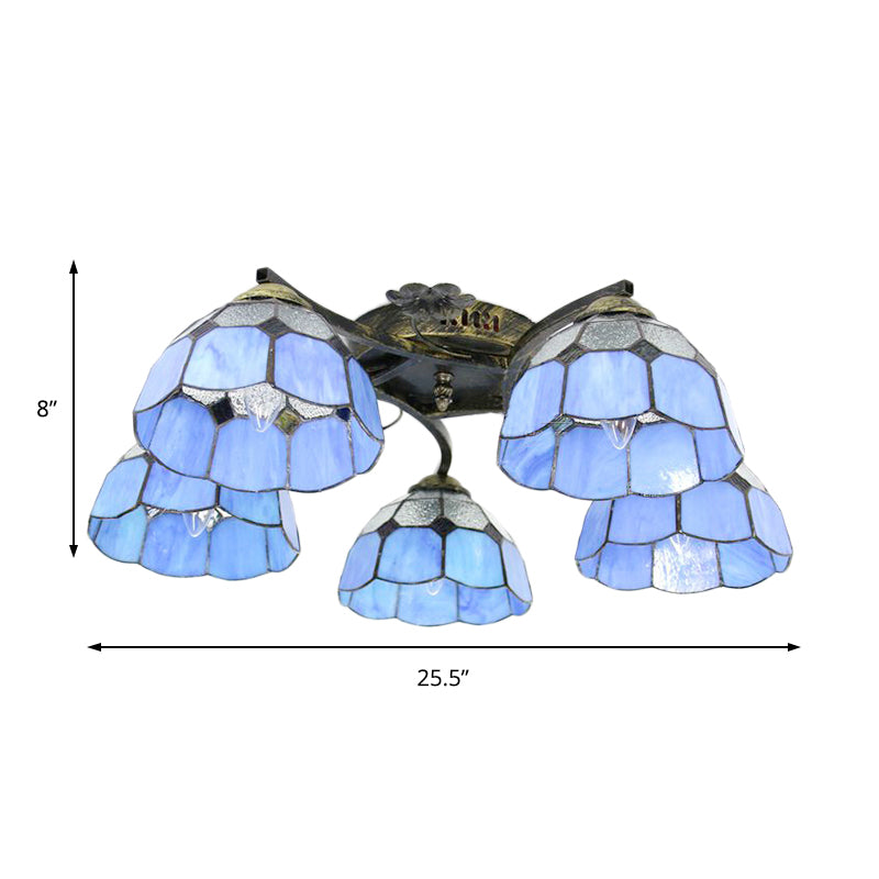 Stained Glass Dome Semi Flushmount Mediterranean 5 Lights Semi Flush Light in White/Clear for Bedroom Clearhalo 'Ceiling Lights' 'Close To Ceiling Lights' 'Close to ceiling' 'Glass shade' 'Glass' 'Semi-flushmount' 'Tiffany close to ceiling' 'Tiffany' Lighting' 181119