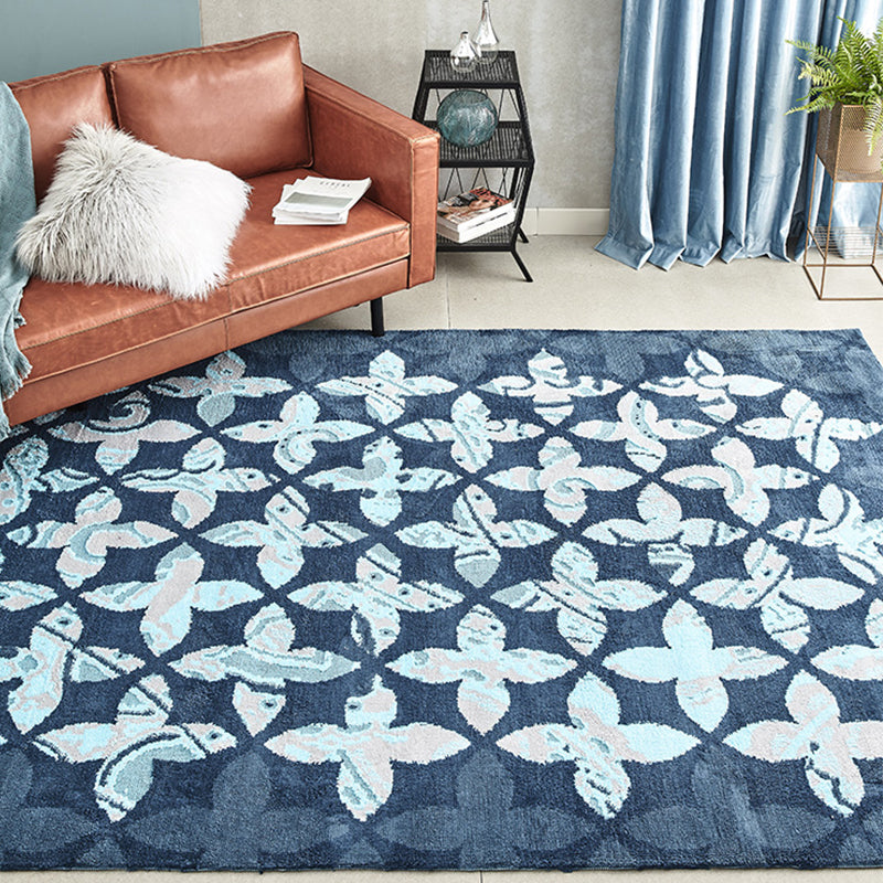 Blue Bedroom Rug Contemporary Geometric Pattern Rug Polyester Washable Anti-Slip Backing Pet Friendly Carpet Dark Blue 6'7