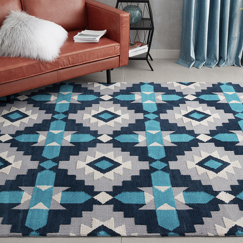 Blue Bedroom Rug Contemporary Geometric Pattern Rug Polyester Washable Anti-Slip Backing Pet Friendly Carpet Grey 6'7