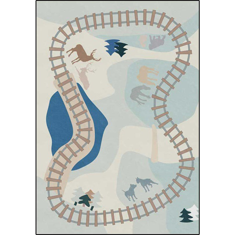 Blue Rail Pattern Rug with Animal Polyester Kids Rug Pet Friendly Washable Non-Slip Area Rug for Bedroom Clearhalo 'Area Rug' 'Rug' 1811481