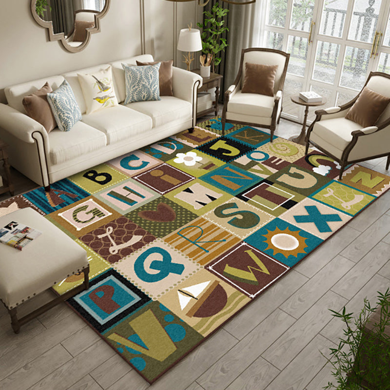 Kids Checked Pattern Rug with Letter Brown Polyester Rug Non-Slip Pet Friendly Washable Are Rug for Child's Room Clearhalo 'Area Rug' 'Rug' 1811575