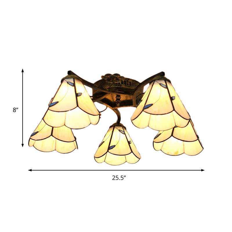 Clear/Blue/Beige Lodge Semi Flush Light with Cone Shade Stained Glass 5 Lights Semi Flushmount for Stairway Clearhalo 'Ceiling Lights' 'Chandeliers' 'Close To Ceiling Lights' 'Close to ceiling' 'Glass shade' 'Glass' 'Semi-flushmount' 'Tiffany close to ceiling' 'Tiffany' Lighting' 181161