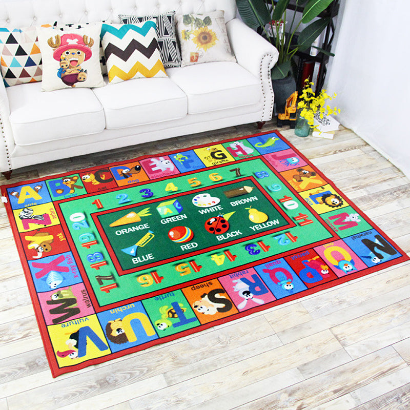 Green and Blue Nursery Rug Kids Letter and Number Pattern Rug Polyester Washable Anti-Slip Backing Pet Friendly Carpet Green 4'11