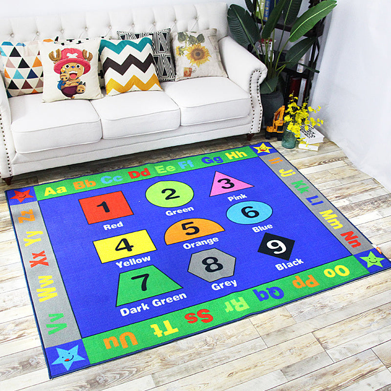 Green and Blue Nursery Rug Kids Letter and Number Pattern Rug Polyester Washable Anti-Slip Backing Pet Friendly Carpet Ocean Blue 4'11