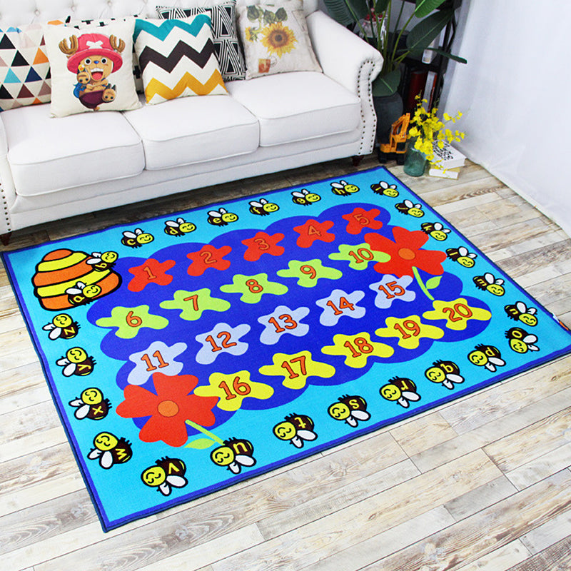 Green and Blue Nursery Rug Kids Letter and Number Pattern Rug Polyester Washable Anti-Slip Backing Pet Friendly Carpet Sky Blue 4'11