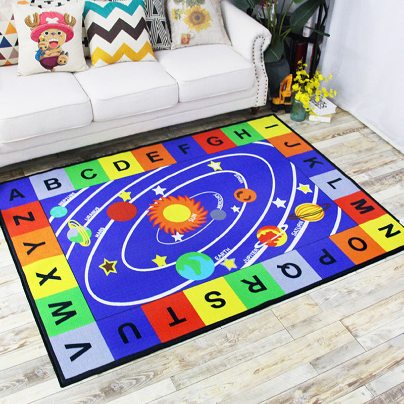 Green and Blue Nursery Rug Kids Letter and Number Pattern Rug Polyester Washable Anti-Slip Backing Pet Friendly Carpet Dark Blue 4'11
