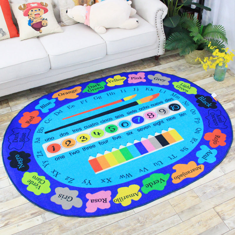 Kids Letter Pattern Rug with Number Blue Polyester Rug Non-Slip Pet Friendly Washable Are Rug for child's room Sky Blue 4'11