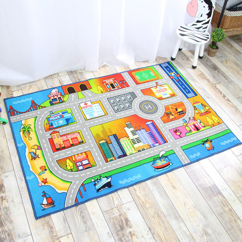 Funky Road Pattern Rug with Building Green and Grey Kids Rug Polyester Pet Friendly Washable Non-Slip Area Rug for Decoration Blue 3'3