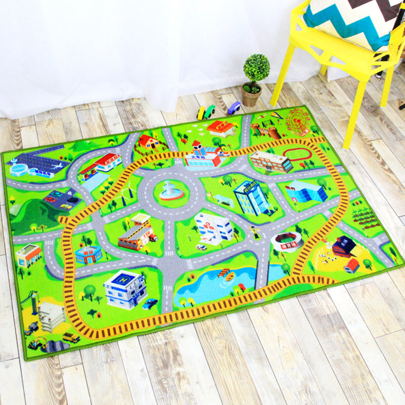 Funky Road Pattern Rug with Building Green and Grey Kids Rug Polyester Pet Friendly Washable Non-Slip Area Rug for Decoration Light Green 3'3