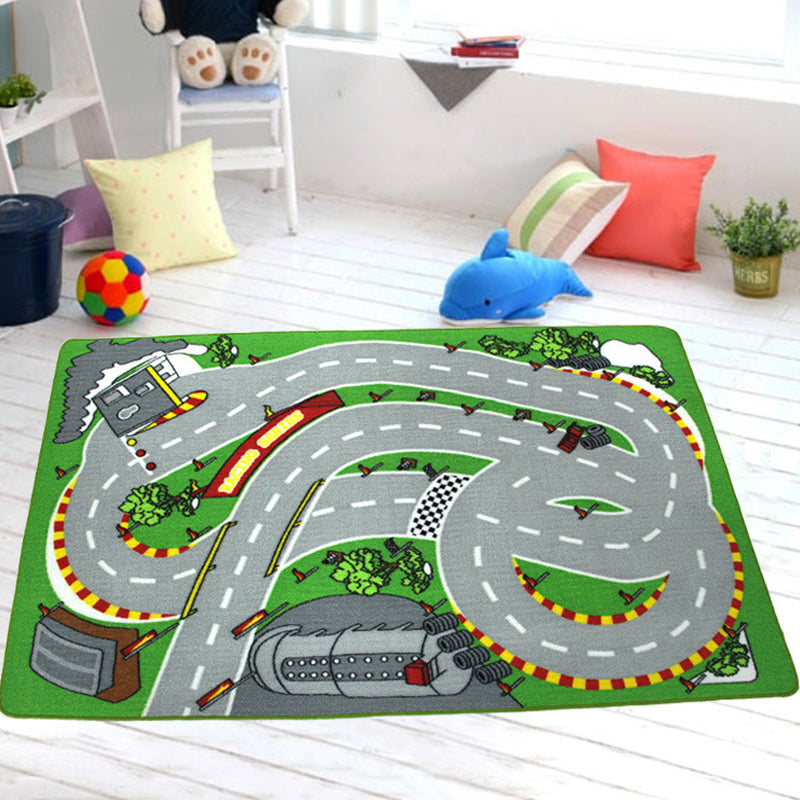 Funky Road Pattern Rug with Building Green and Grey Kids Rug Polyester Pet Friendly Washable Non-Slip Area Rug for Decoration Dark Gray 3'3