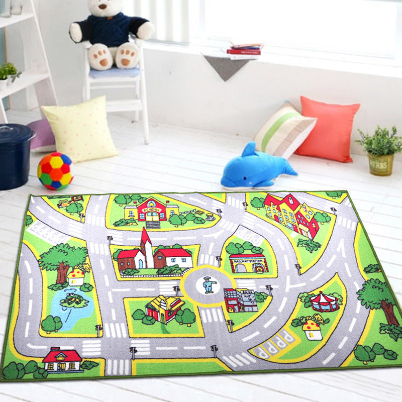 Funky Road Pattern Rug with Building Green and Grey Kids Rug Polyester Pet Friendly Washable Non-Slip Area Rug for Decoration Light Gray 3'3