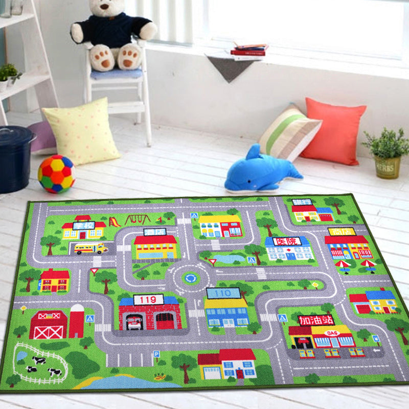 Funky Road Pattern Rug with Building Green and Grey Kids Rug Polyester Pet Friendly Washable Non-Slip Area Rug for Decoration Grey 3'3
