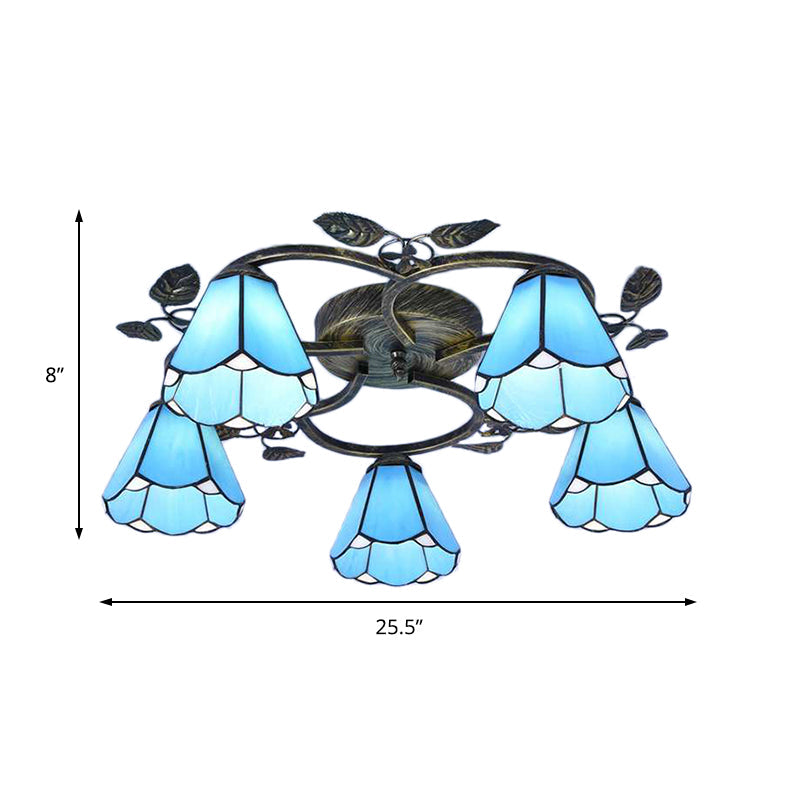 Rustic Conical Semi Flush Mount Stained Glass 9/5 Lights Semi Flush Light in Blue for Stairway Clearhalo 'Ceiling Lights' 'Chandeliers' 'Close To Ceiling Lights' 'Close to ceiling' 'Glass shade' 'Glass' 'Semi-flushmount' 'Tiffany close to ceiling' 'Tiffany' Lighting' 181214