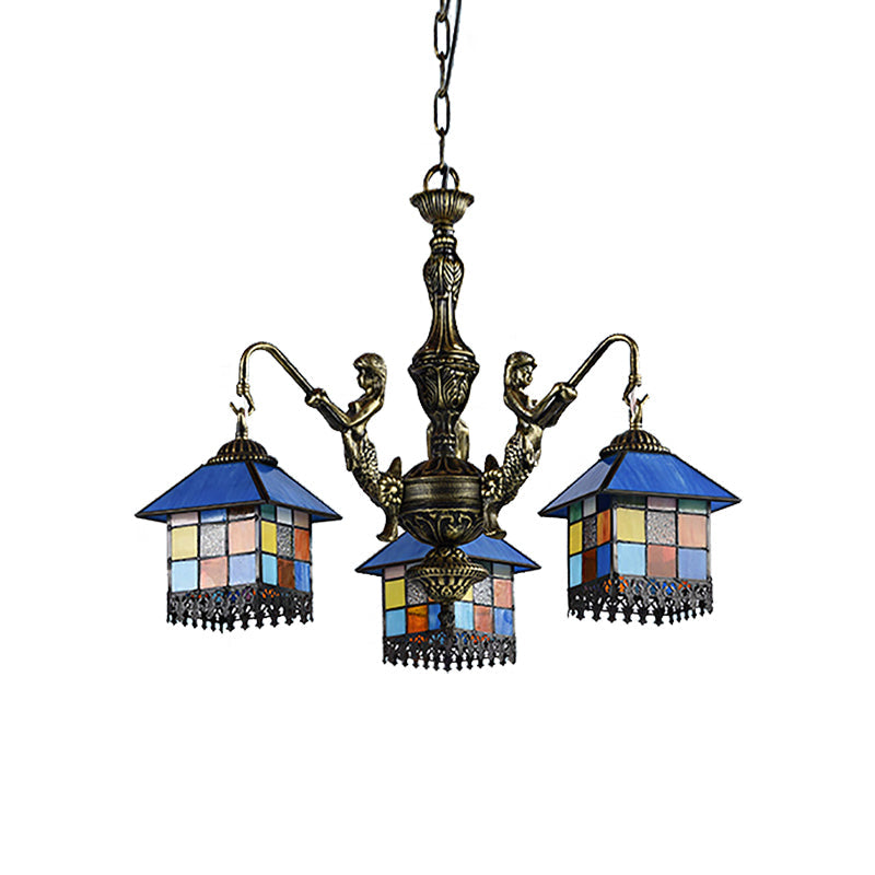 Small House Pendant Chandelier 3 Lights Stained Glass Tiffany Hanging Fixture in Clear/Blue Clearhalo 'Ceiling Lights' 'Chandeliers' 'Clear' 'Close To Ceiling Lights' 'Industrial' 'Middle Century Chandeliers' 'Modern' 'Tiffany Chandeliers' 'Tiffany close to ceiling' 'Tiffany' 'Traditional Chandeliers' Lighting' 181238