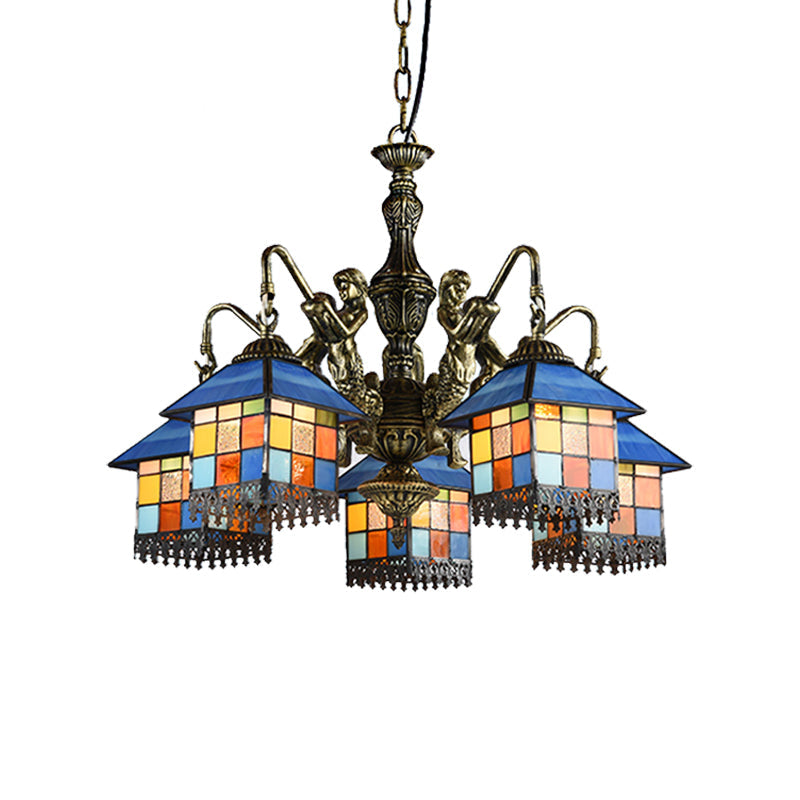 House Stained Glass Chandelier Lamp Tiffany Style 5 Lights Clear/Blue Pendant Lighting Clearhalo 'Ceiling Lights' 'Chandeliers' 'Clear' 'Industrial' 'Middle Century Chandeliers' 'Modern' 'Tiffany Chandeliers' 'Tiffany close to ceiling' 'Tiffany' 'Traditional Chandeliers' Lighting' 181274