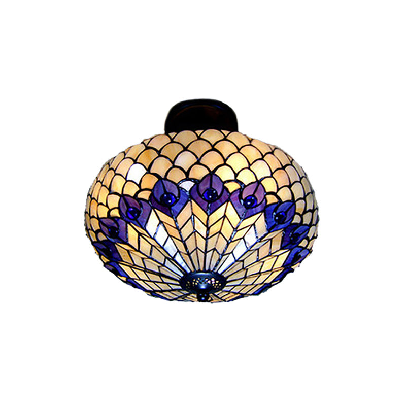 Peacock Pattern Semi Flush Light Vintage Stained Glass 3 Lights Ceiling Light for Bedroom Lighting Clearhalo 'Ceiling Lights' 'Close To Ceiling Lights' 'Close to ceiling' 'Glass shade' 'Glass' 'Semi-flushmount' 'Tiffany close to ceiling' 'Tiffany' Lighting' 181516