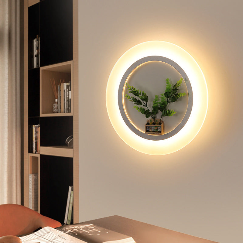 Acrylic Ring Wall Lamp with Plant Deco Contemporary Wall Light in White for Study Room White 8