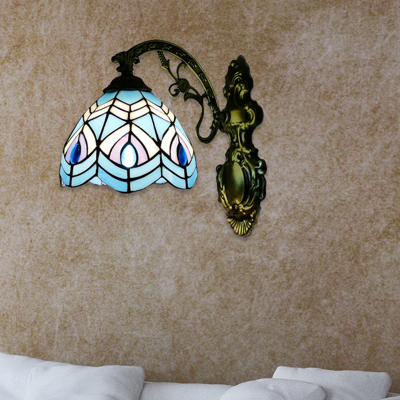 Peacock Wall Lighting Tiffany Style Stained Glass 1 Head Wall Sconce Lighting for Bedroom Blue Clearhalo 'Industrial' 'Middle century wall lights' 'Tiffany wall lights' 'Tiffany' 'Wall Lamps & Sconces' 'Wall Lights' Lighting' 181586