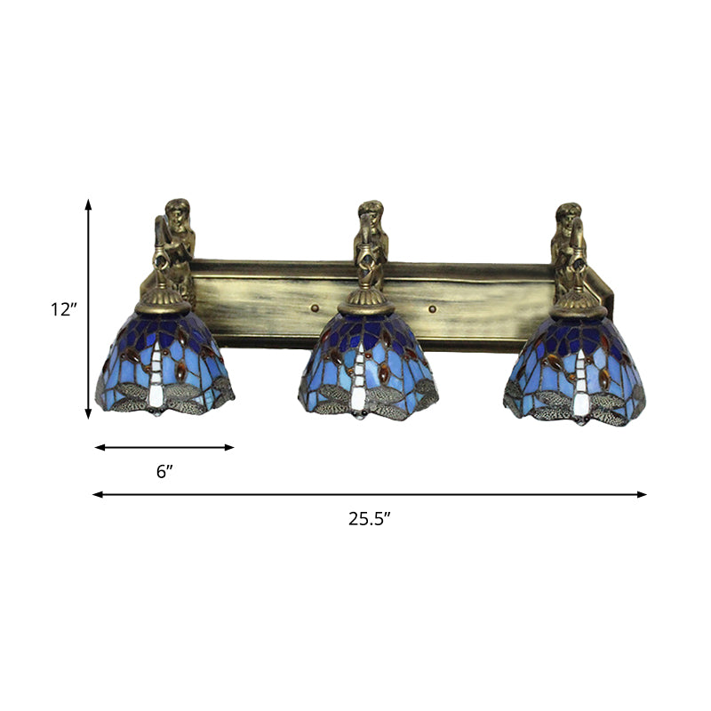 3 Heads Dragonfly Wall Light Fixture Baroque Orange/Blue Stained Glass Sconce Lighting Clearhalo 'Industrial' 'Middle century wall lights' 'Tiffany wall lights' 'Tiffany' 'Wall Lamps & Sconces' 'Wall Lights' Lighting' 181723