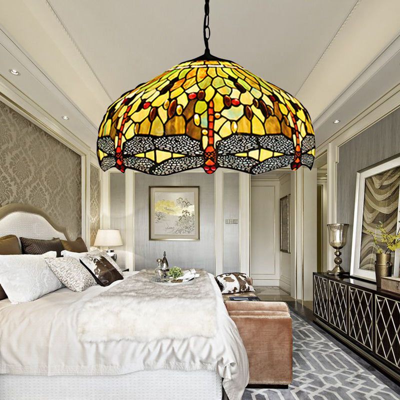 Domed Pendant Light Tiffany-Style 2 Bulbs Yellow Stained Glass Suspended Lighting Fixture with Dragonfly Pattern, 20.5