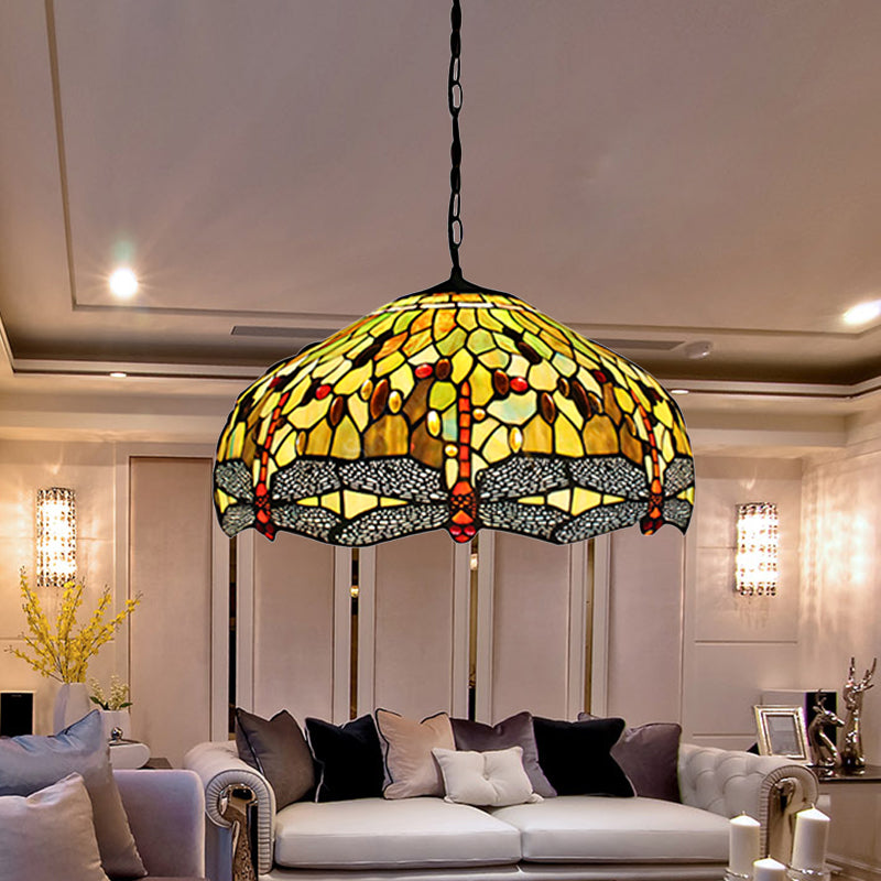 Domed Pendant Light Tiffany-Style 2 Bulbs Yellow Stained Glass Suspended Lighting Fixture with Dragonfly Pattern, 20.5