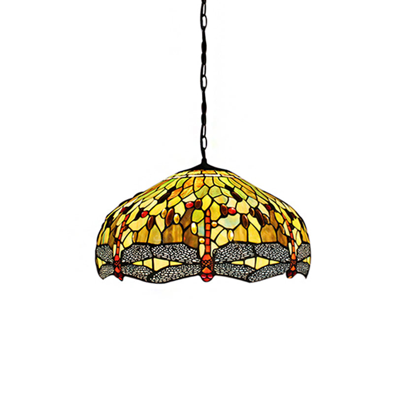 Domed Pendant Light Tiffany-Style 2 Bulbs Yellow Stained Glass Suspended Lighting Fixture with Dragonfly Pattern, 20.5