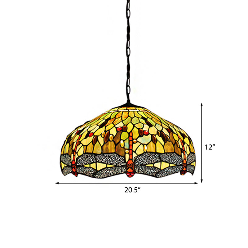 Domed Pendant Light Tiffany-Style 2 Bulbs Yellow Stained Glass Suspended Lighting Fixture with Dragonfly Pattern, 20.5