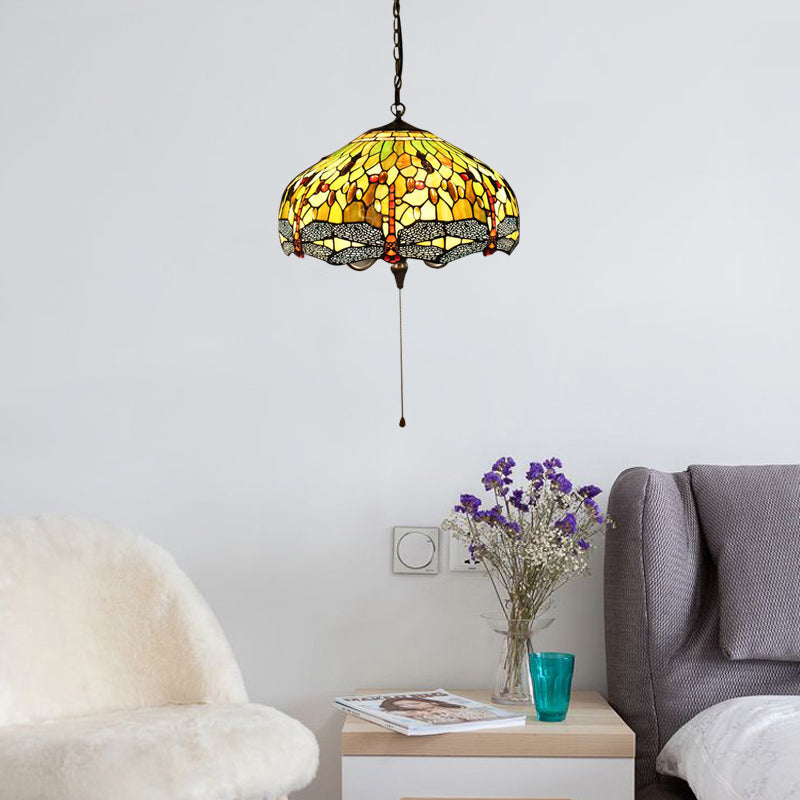 Domed Pendant Light Tiffany-Style 2 Bulbs Yellow Stained Glass Suspended Lighting Fixture with Dragonfly Pattern, 20.5