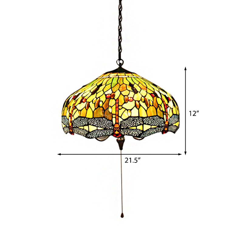 Domed Pendant Light Tiffany-Style 2 Bulbs Yellow Stained Glass Suspended Lighting Fixture with Dragonfly Pattern, 20.5