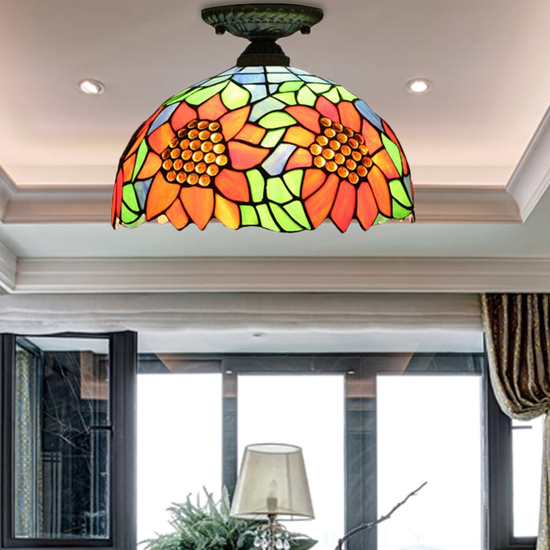 Tiffany Style Dome Semi Flushmount Art Glass 2 Lights Semi Flush Light in Antique Bronze for Corridor Antique Bronze Sunflower Clearhalo 'Ceiling Lights' 'Close To Ceiling Lights' 'Close to ceiling' 'Semi-flushmount' 'Tiffany close to ceiling' 'Tiffany' Lighting' 181987