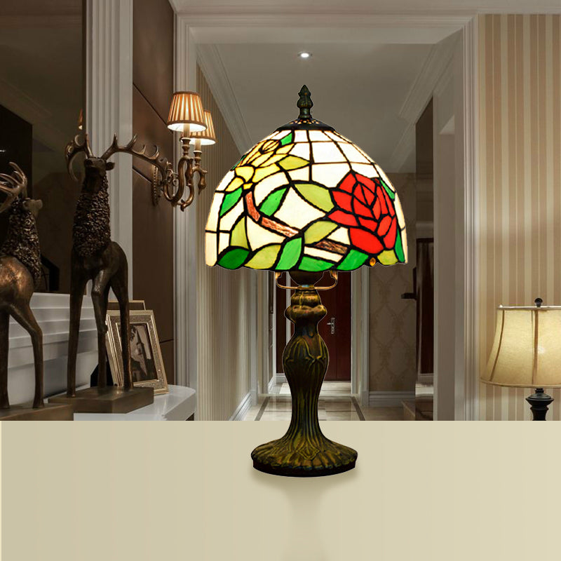 Rustic Bowl Table Lamp Stained Glass 1 Light Accent Table Lamp with Flower Pattern for Bedside Rust Rose Clearhalo 'Lamps' 'Table Lamps' Lighting' 182294