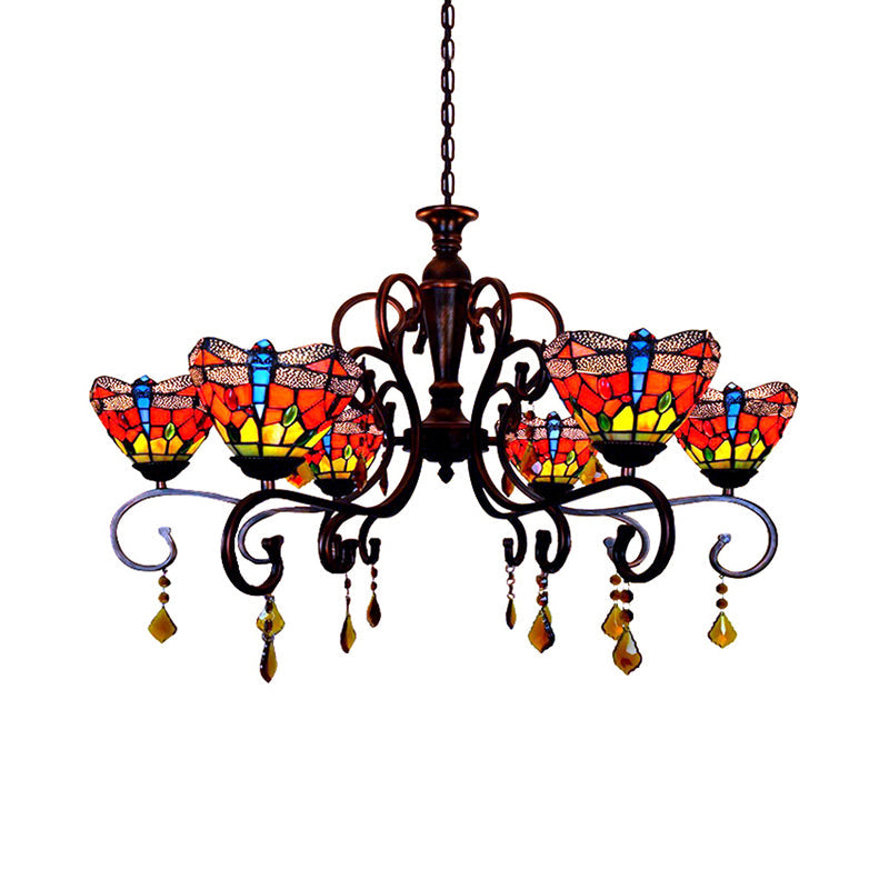 Tiffany Dragonfly Chandelier Stained Glass 6 Lights Stunning Hanging Pendant in Red Clearhalo 'Ceiling Lights' 'Chandeliers' 'Industrial' 'Middle Century Chandeliers' 'Pendant Lights' 'Tiffany Chandeliers' 'Tiffany close to ceiling' 'Tiffany' Lighting' 182387