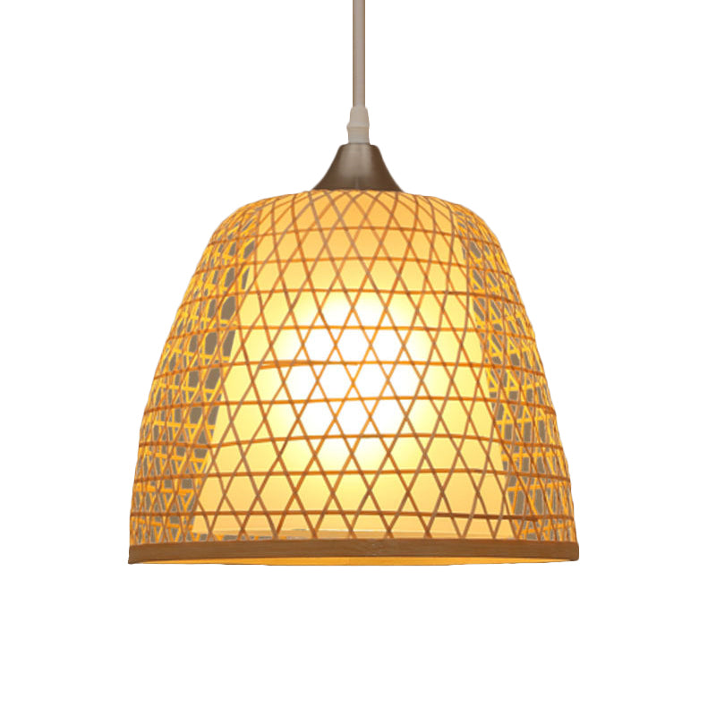 Asian Style Bucket Hanging Light Fixture with Cross Woven Design Bamboo 1 Bulb Bedroom Pendant Lamp Clearhalo 'Ceiling Lights' 'Pendant Lights' 'Pendants' Lighting' 182480