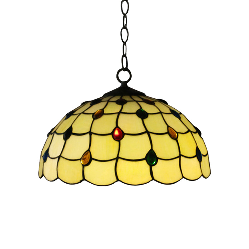 Stained Glass Bowl Drop Lamp Tiffany-Style 1 Head White Pendant Lighting Fixture with Jewel for Bathroom Clearhalo 'Ceiling Lights' 'Close To Ceiling Lights' 'Industrial' 'Middle Century Pendants' 'Pendant Lights' 'Pendants' 'Tiffany close to ceiling' 'Tiffany Pendants' 'Tiffany' Lighting' 182630