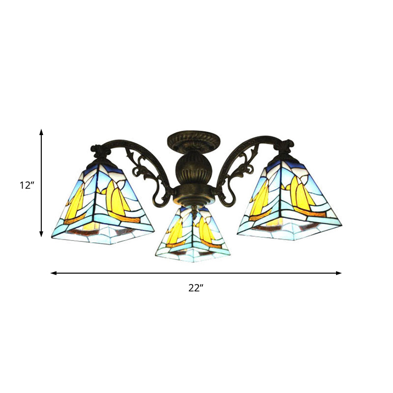 Lodge Geometric Chandelier Light Stained Glass Colorful Inverted Chandelier in Yellow and Blue for Living Room Clearhalo 'Ceiling Lights' 'Chandeliers' 'Close To Ceiling Lights' 'Close to ceiling' 'Glass shade' 'Glass' 'Semi-flushmount' 'Tiffany close to ceiling' 'Tiffany' Lighting' 182660