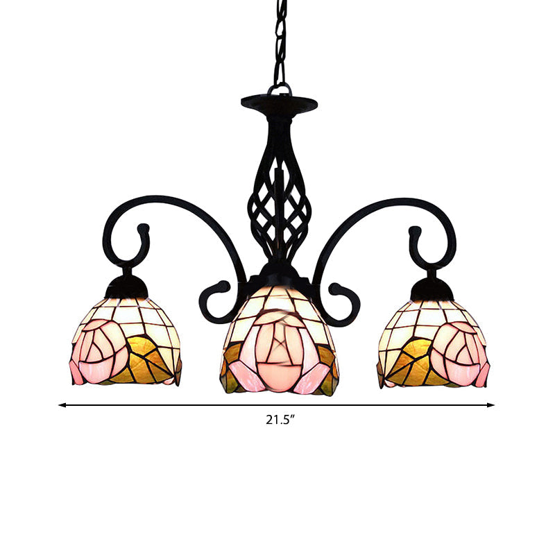 3 Lights Domed Chandelier Retro Style Stained Glass Floral Inverted Chandelier in Pink Clearhalo 'Ceiling Lights' 'Chandeliers' 'Close To Ceiling Lights' 'Industrial' 'Middle Century Chandeliers' 'Tiffany Chandeliers' 'Tiffany close to ceiling' 'Tiffany' Lighting' 182777